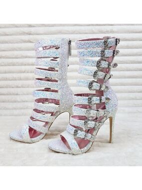 Sexy Wavy Strap up Front Ankle Boots Shooties Sparkling White Ice Glitter Heels